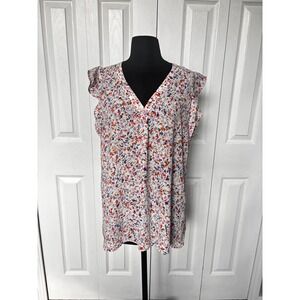 Adrienne Vittadini Floral Blouse Ruffle Sleeve V-Neck Top Lightweight L